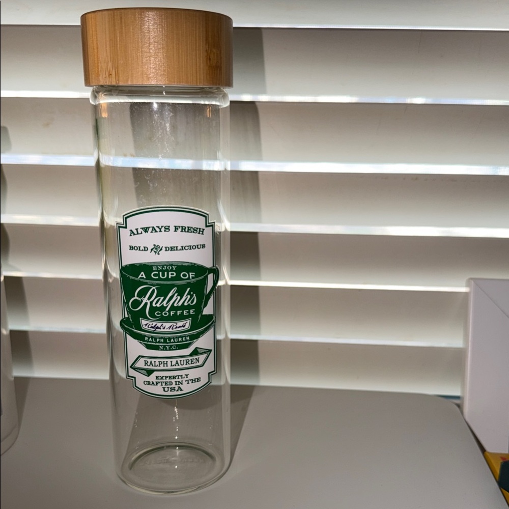Ralph Lauren Glass Coffee Tumbler with Bamboo Lid and Green Label